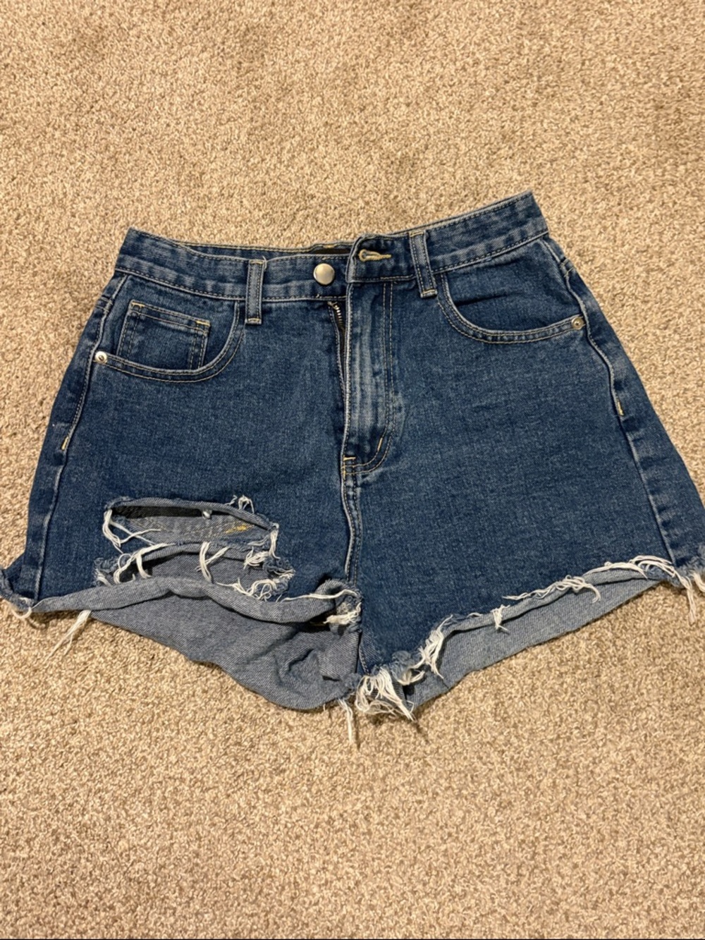 PrettyLittleThing Dark Blue High-Waist Distressed Denim Shorts